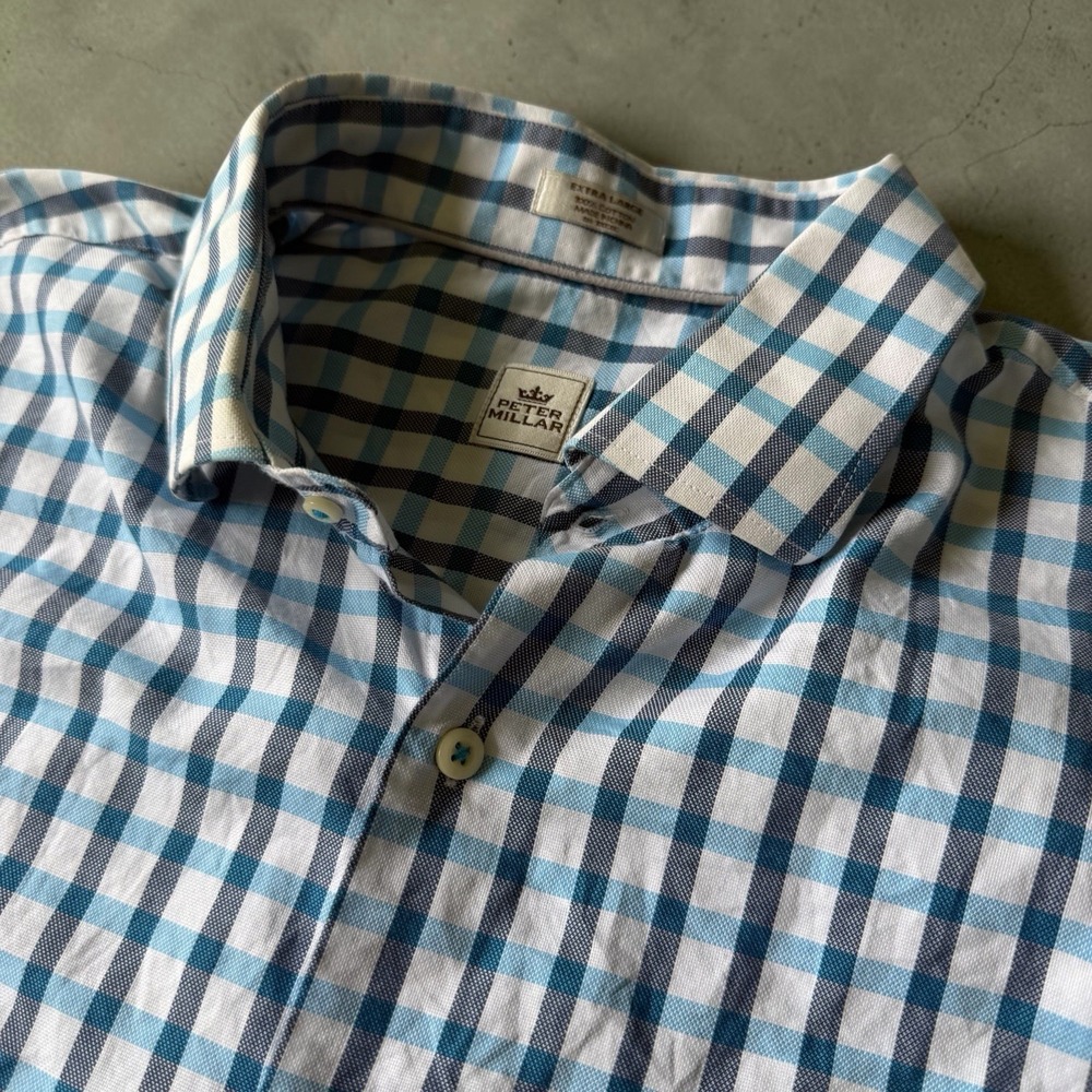 Peter Millar Mens XL Blue Gingham Check Long Sleeve Button Down Shirt